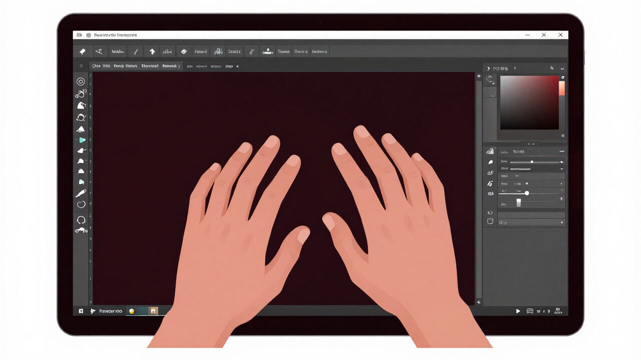パソコン画面に映るレイヤーとスライダーを操作する手元の写真