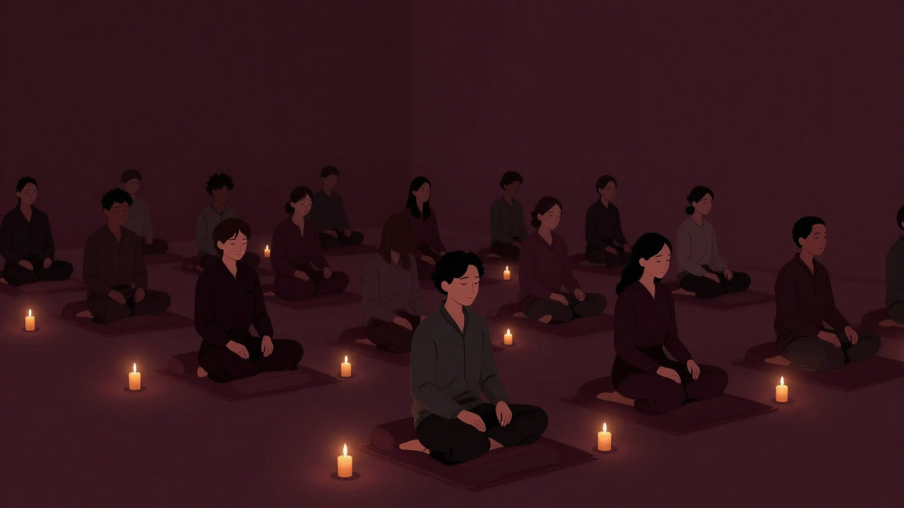 ろうそくと座布団が並ぶ薄暗い会場で、参加者が無言で瞑想に耽る様子のイラスト