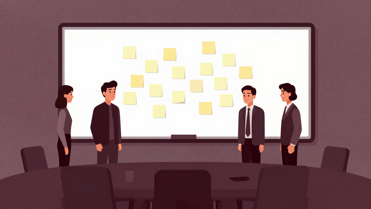 会議室の中央でホワイトボードを前に呆然と立つ人々のシルエット。