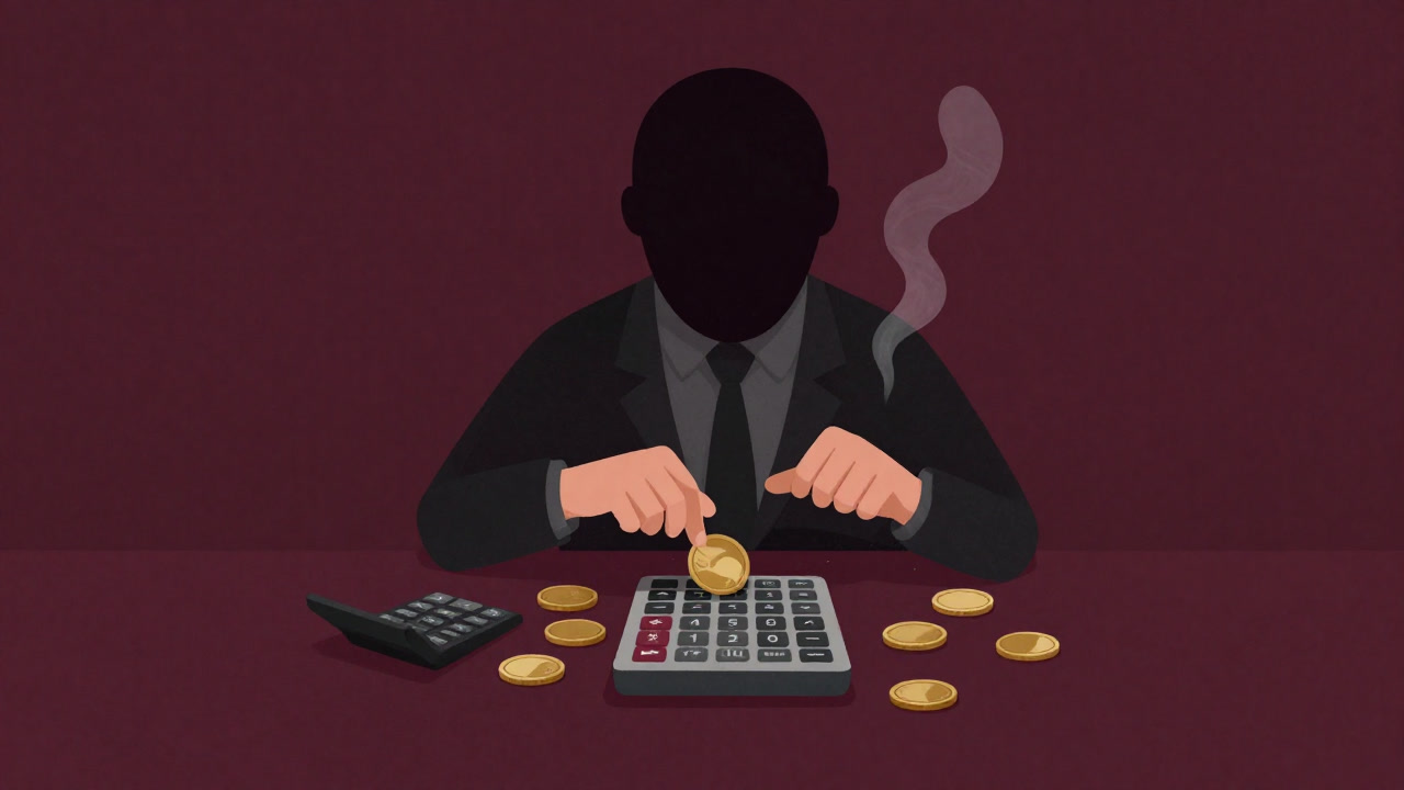 Silhouette of a middle-aged investor in agony calculating ROI in front of coins and a calculator
