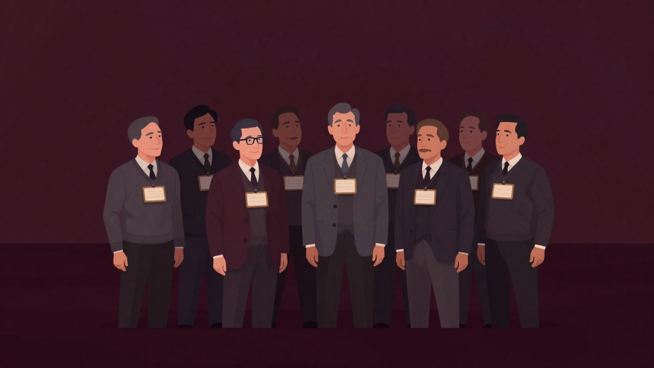 懐かしい名札をつけて微笑む大人たちが、過去と現在を行き来するような場面を描いたイラスト