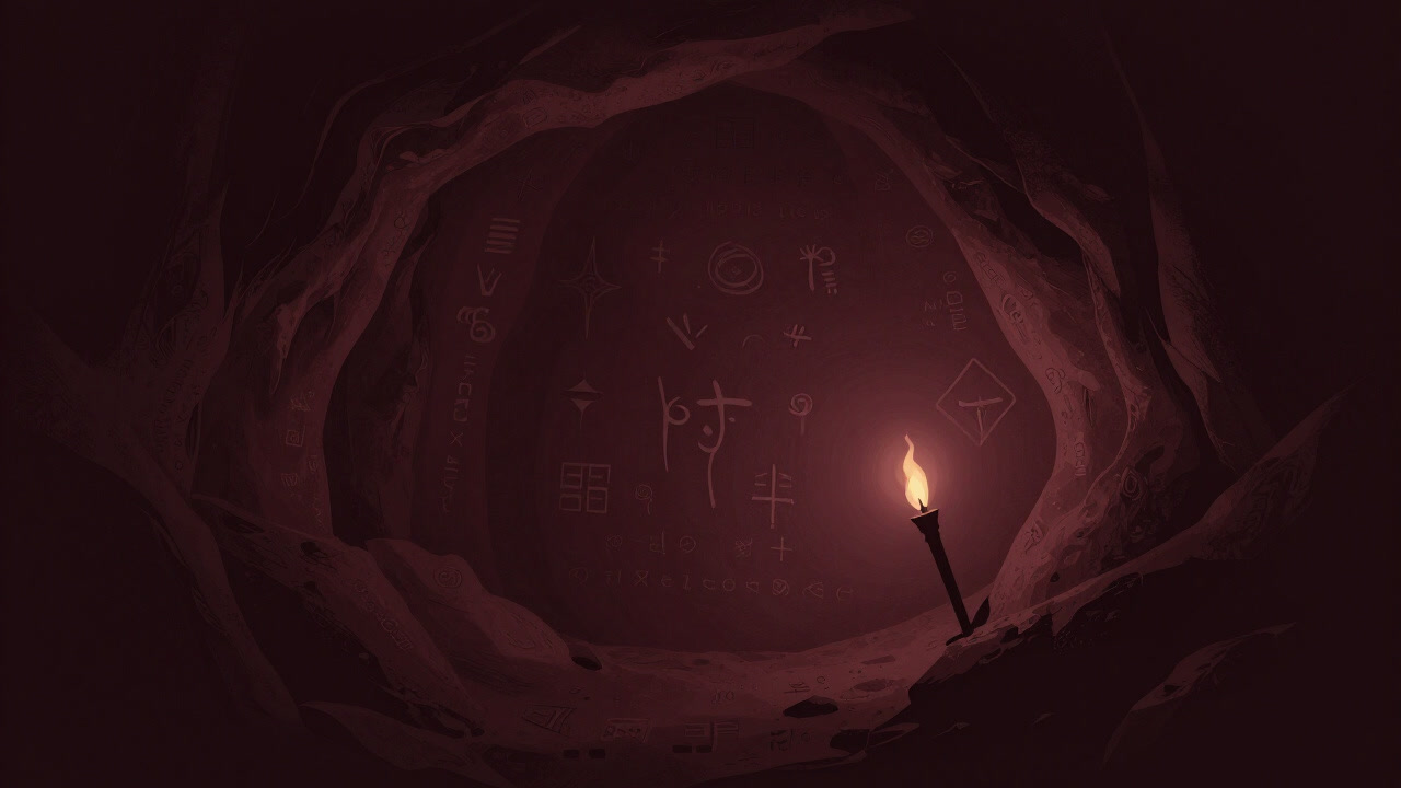 暗い洞窟の壁にかすかに浮かび上がる古代の文様と謎の文字