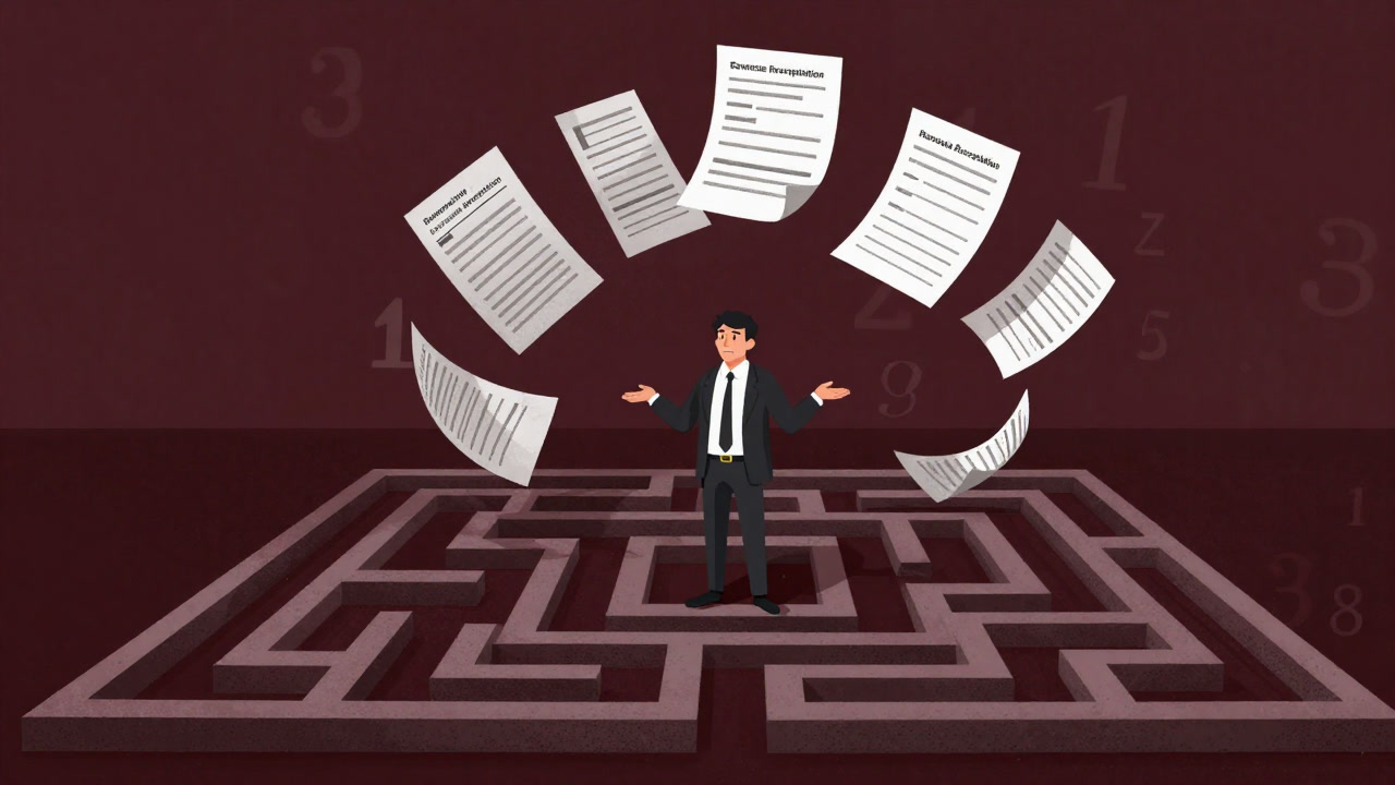 Illustration of an accountant lost in the labyrinth of revenue recognition, surrounded by walls of numbers.