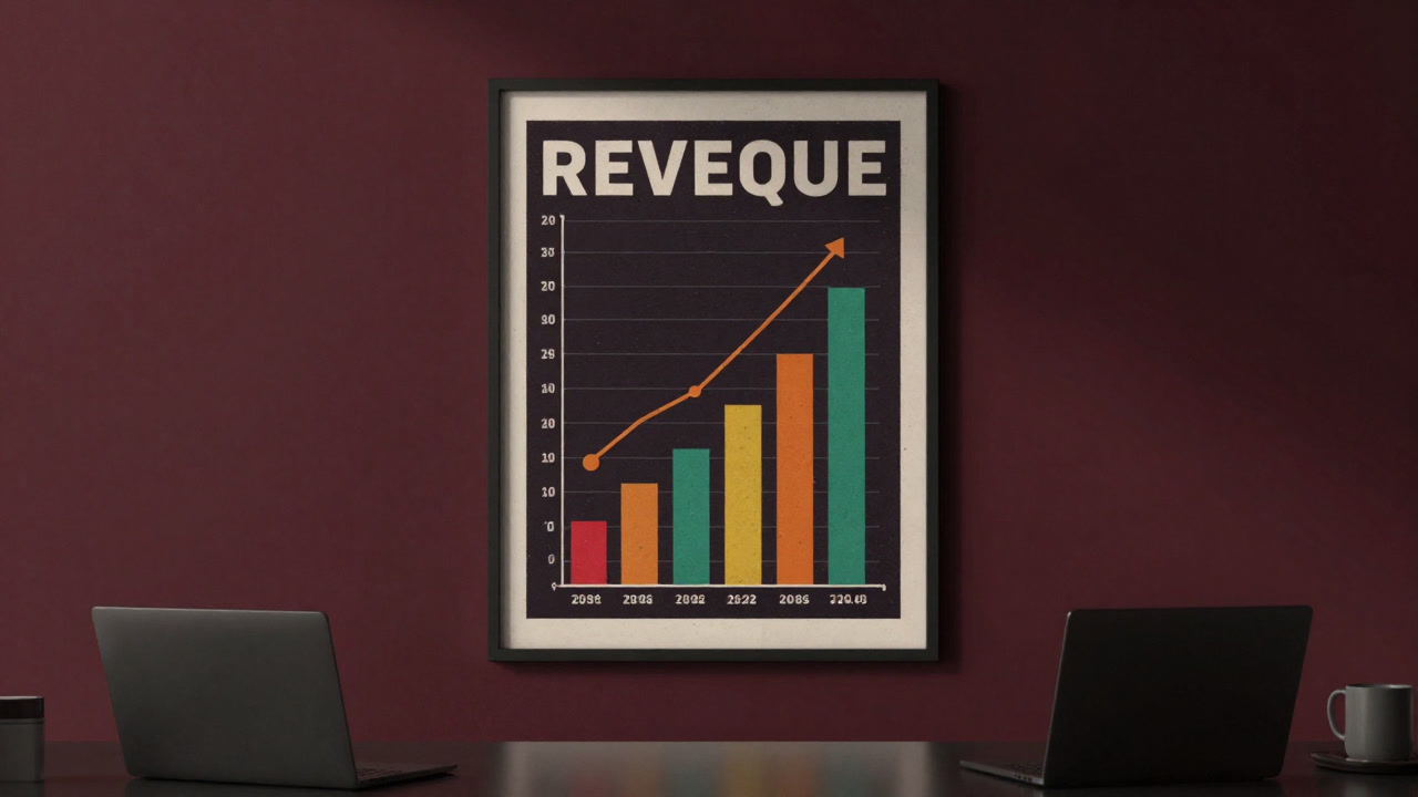 Image of an office poster proudly displaying revenue graphs on a wall.