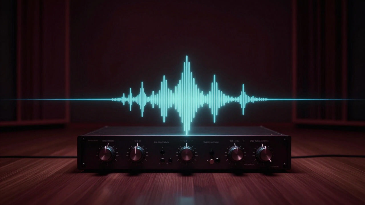 薄暗いスタジオで光るリバーブユニットのノブに吸い込まれる音波のイメージ