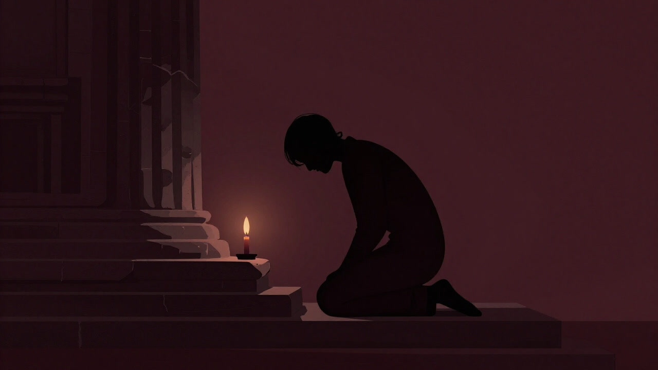 古びた寺院の石段に正座し、頭を垂れる人影のシルエット