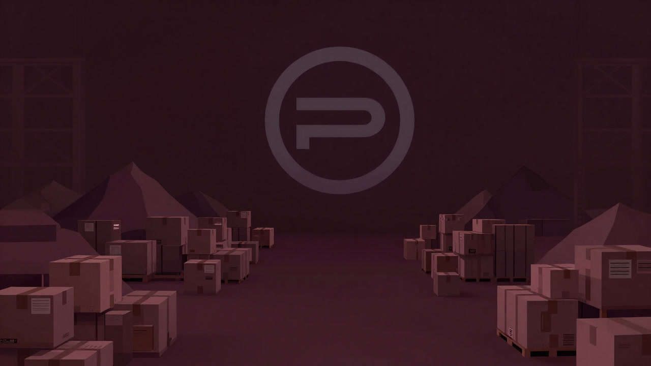 返品箱が山積みになり、背後で企業ロゴが冷たく輝く倉庫の風景