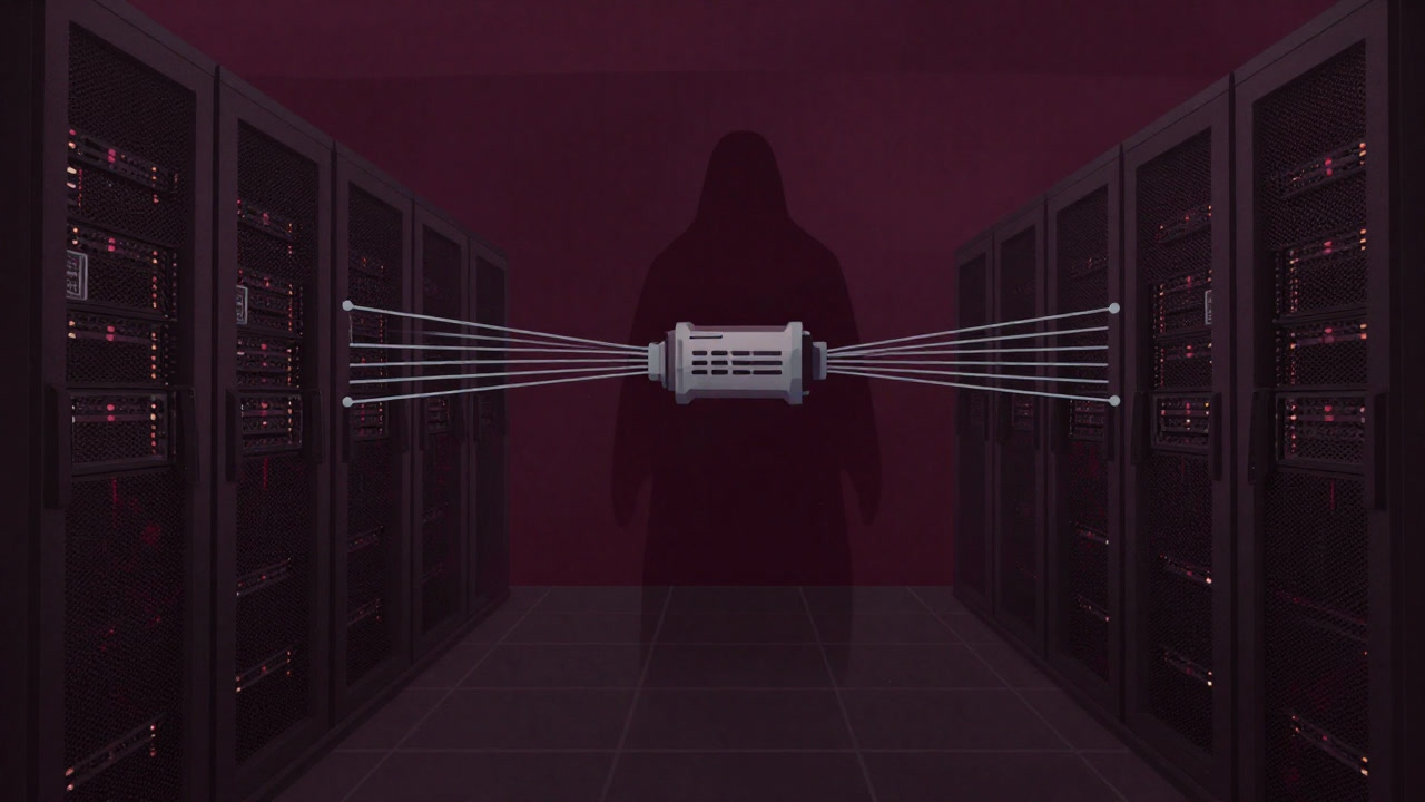 Silhouette of a reverse proxy monitoring data flow in a dark server room