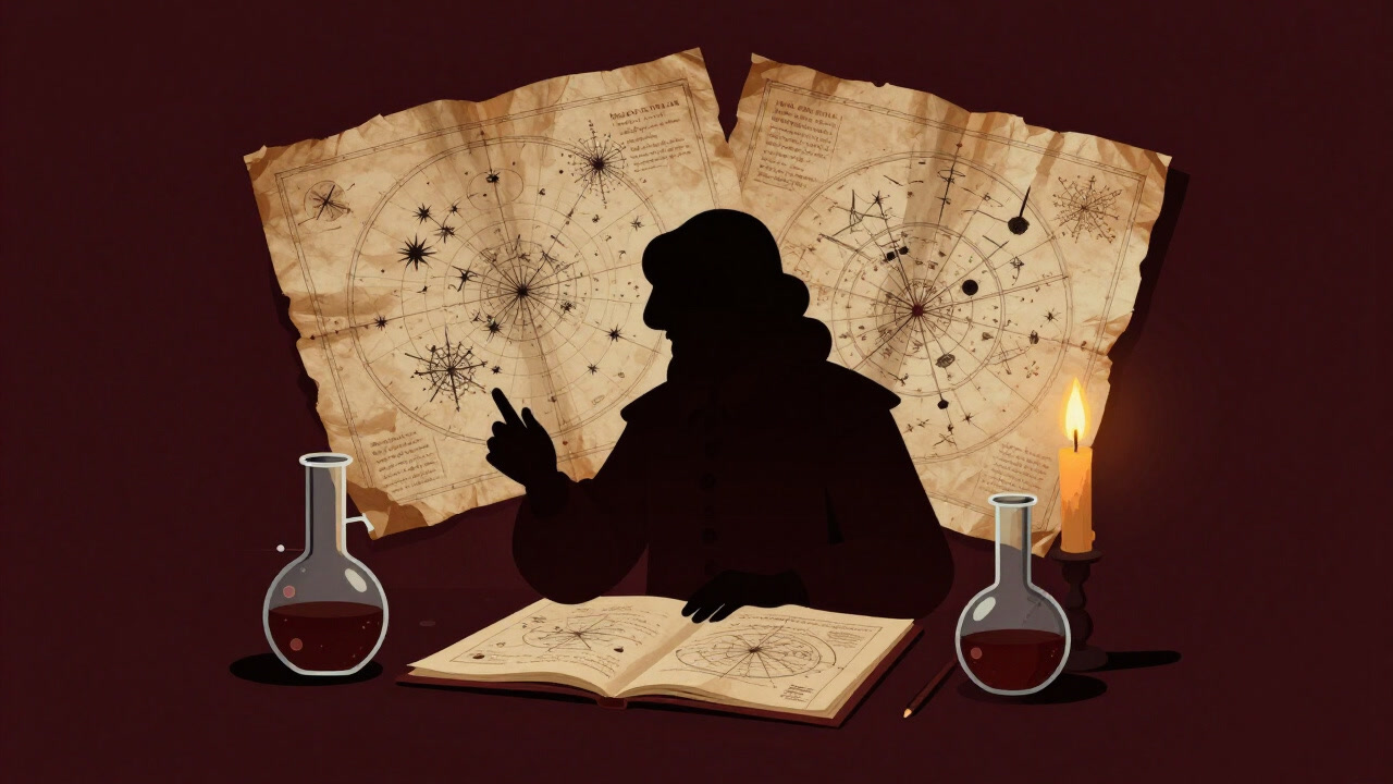 古い星図と化学実験器具が混在し、揺れる炎の前で考え込む学者のシルエット