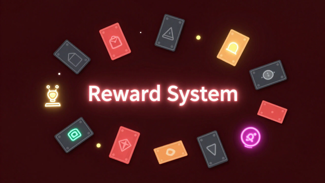 Illustration of colorful point cards scattered in the background with glowing 'Reward System' text in the center.
