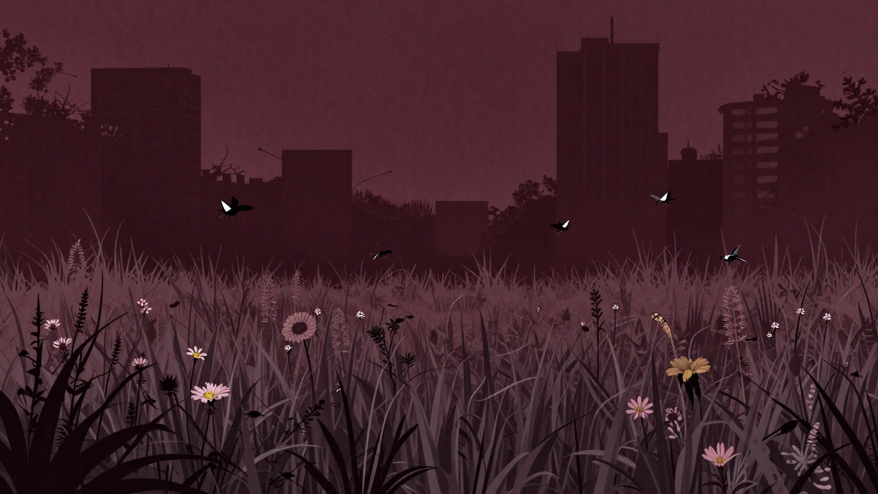 手入れをやめた公園の草むらで、鳥が飛び交い蚊が待ち受ける風景