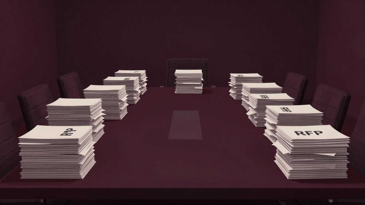 A deep blue conference room table piled high with a mountain of thick documents