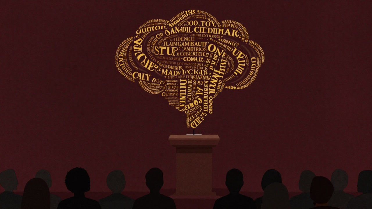 演説台の背後で渦巻く華やかな言葉の雲と、それを見上げる聴衆の影