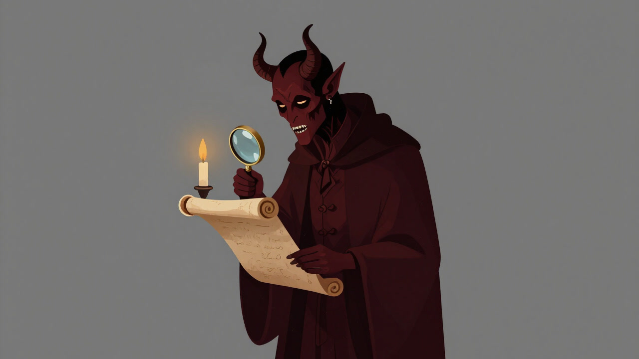 弱い光の下で、拡大鏡をかざして古い羊皮紙を覗き込むデーモンの図