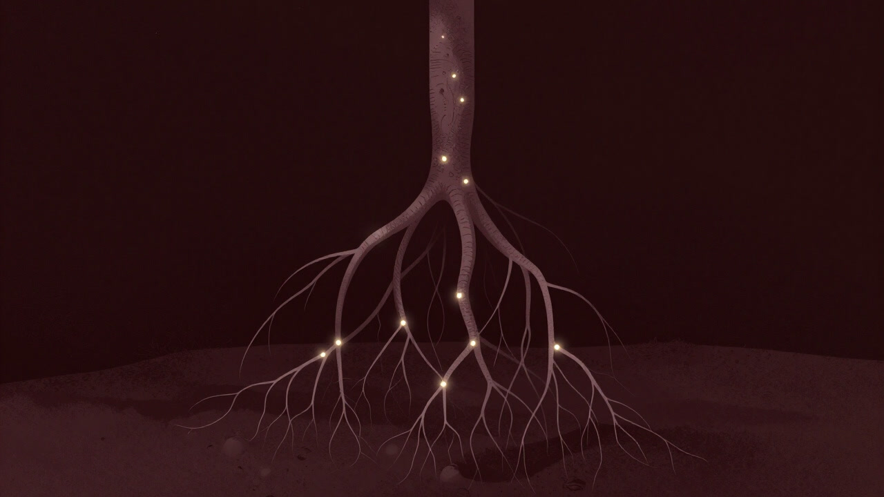 絡み合う地下の根茎が無数の点を結ぶ、暗闇に浮かぶイメージ