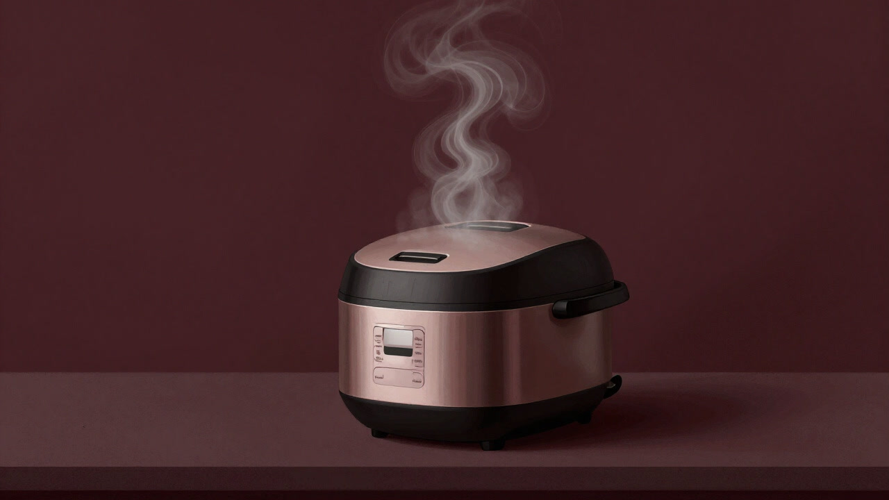 Image of a rice cooker releasing steam vigorously, shining as if guarding the white rice inside.