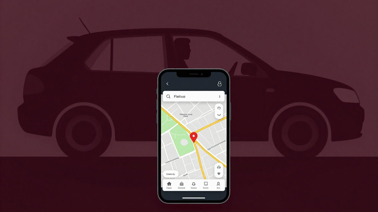 スマホアプリの地図画面と遠くに見知らぬ車のシルエットが浮かぶイメージ