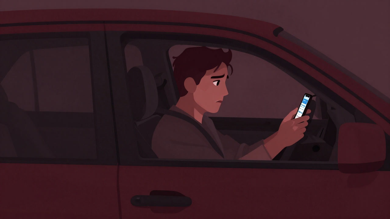 Illustration of a passenger in a stranger's car, nervously staring out the window while looking at a smartphone screen.