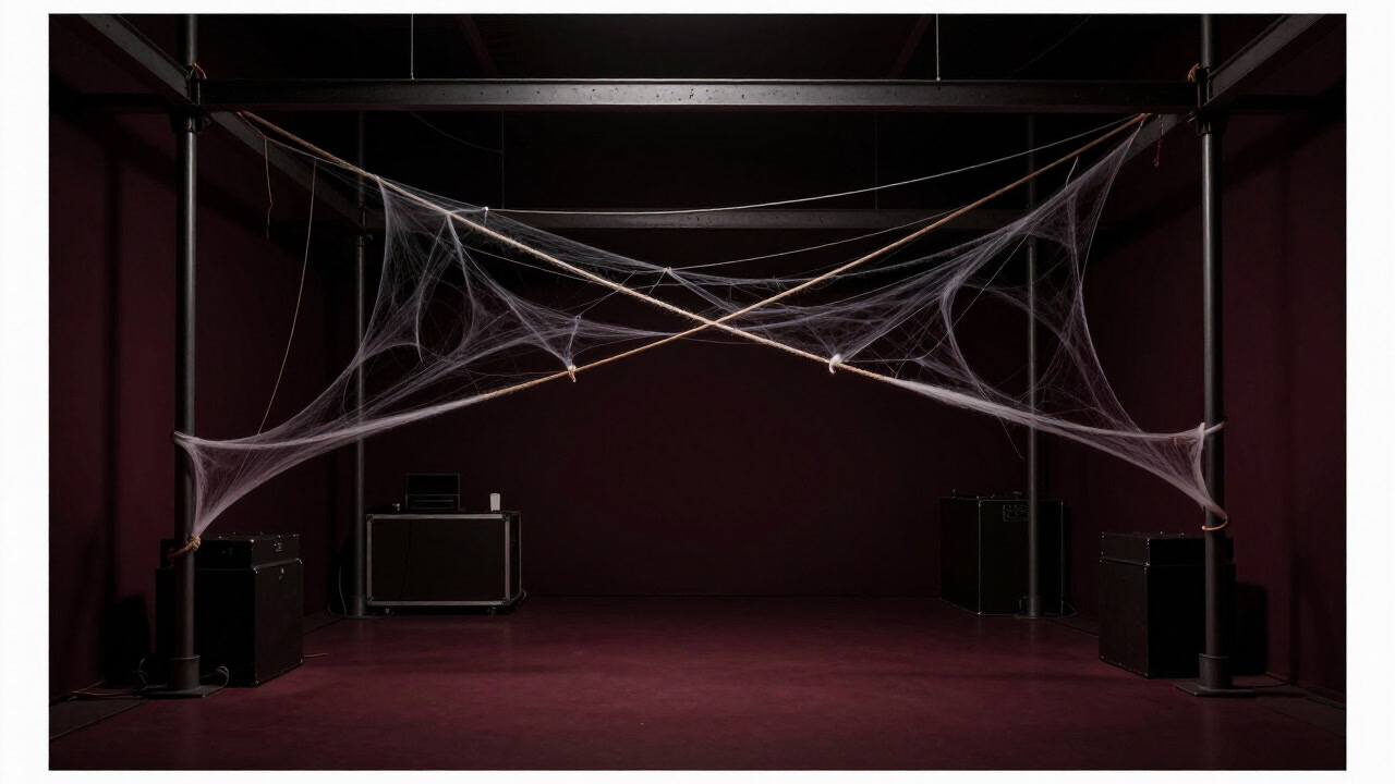 Backstage scene with rigging ropes and wires spread like a spiderweb