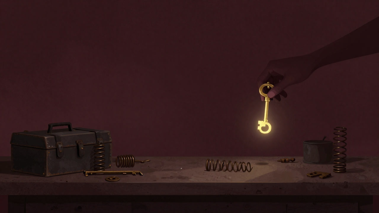 Illustration of a hand holding a glowing key over a dusty workbench scattered with a rusty spring and an old toolbox.
