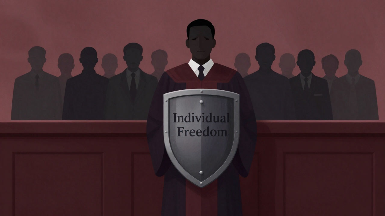 法廷で『個人の自由』の盾を高々と掲げる判事の背後に、黙り込む労働者たちの影が映るイラスト