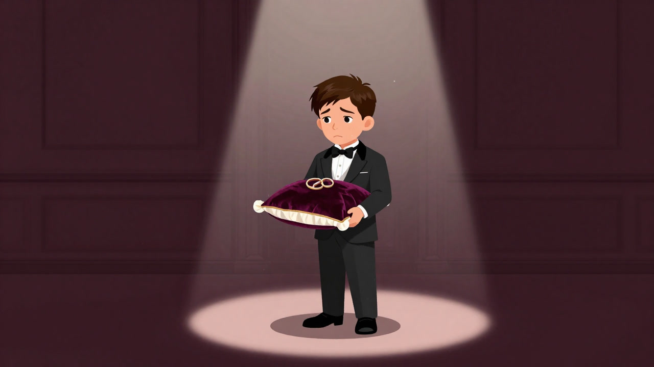 Illustration of a tuxedo-clad boy carrying wedding rings on a pillow under a spotlight in a wedding hall, with an anxious expression