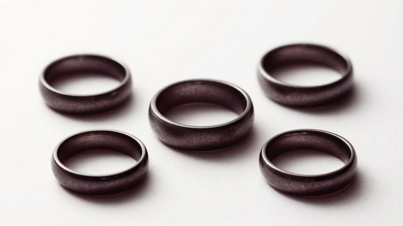 純白の背景に並ぶ様々な指輪、光る期待と影を漂わせる儀式のイメージ。