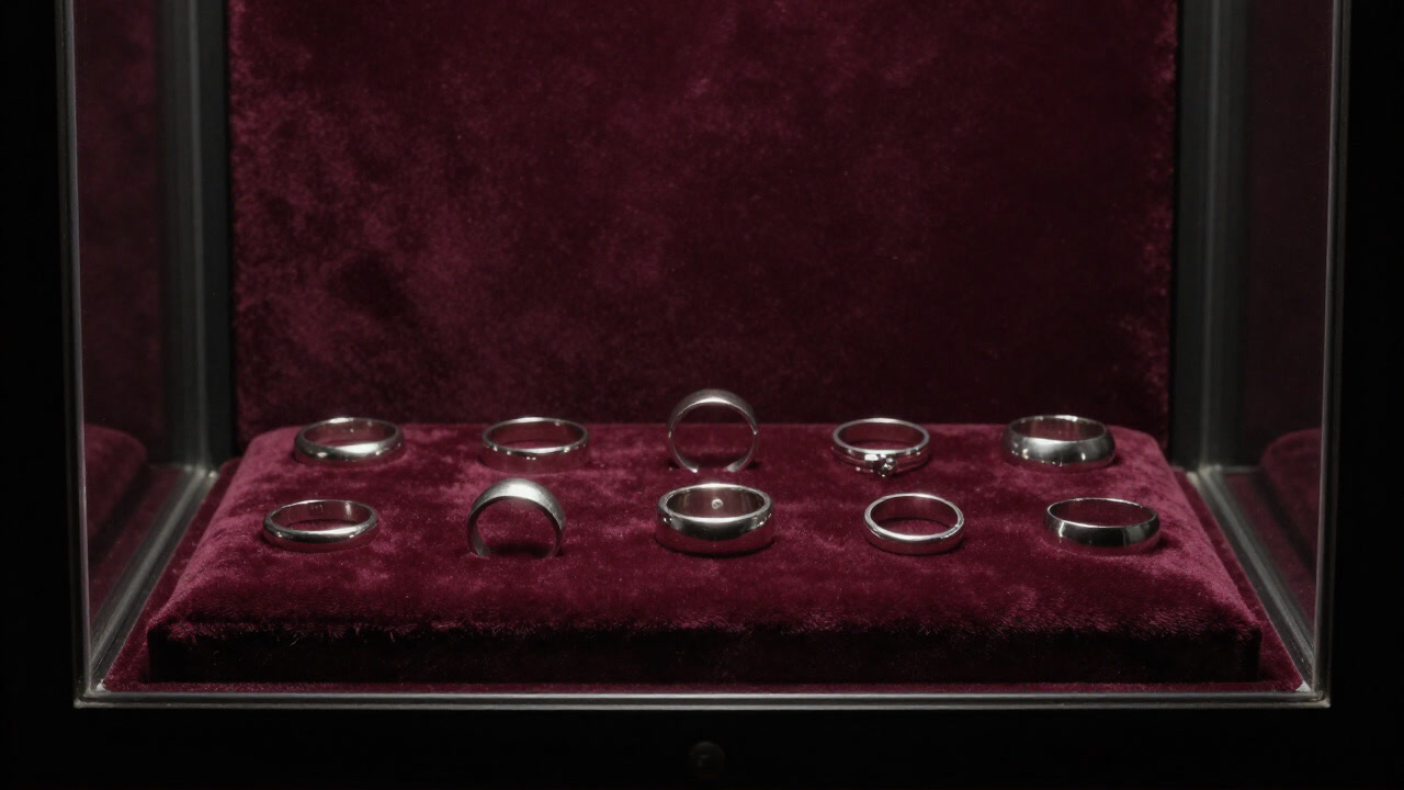 Photo of a display case boasting small metal rings on fingers instead of wrists or necks