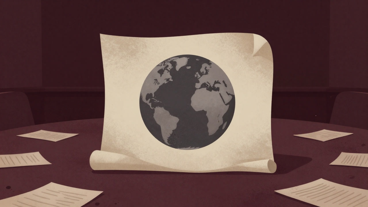 Illustration of an open declaration embracing the planet, gathering dust unread by anyone.