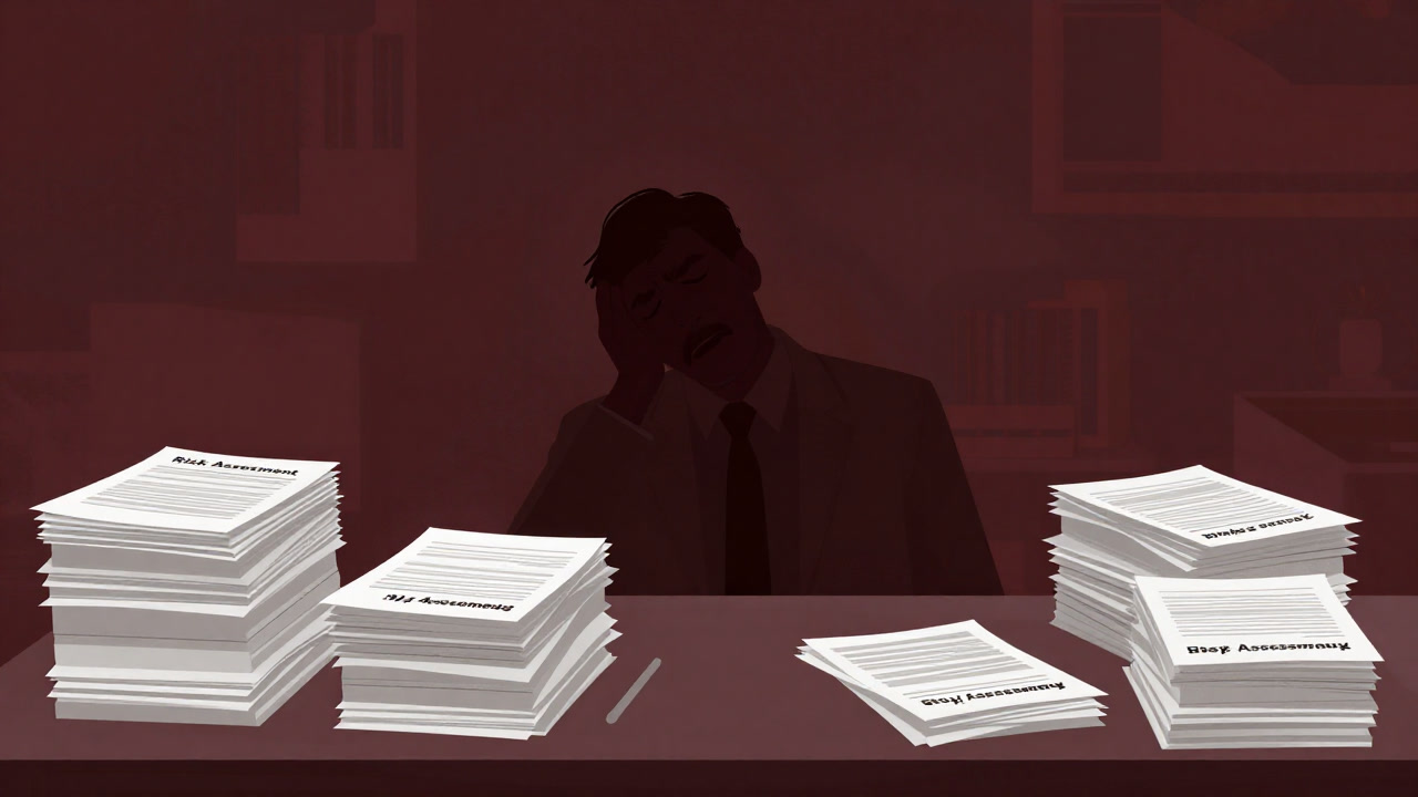Silhouette of a businessman sighing in front of a stack of risk assessment reports on a desk