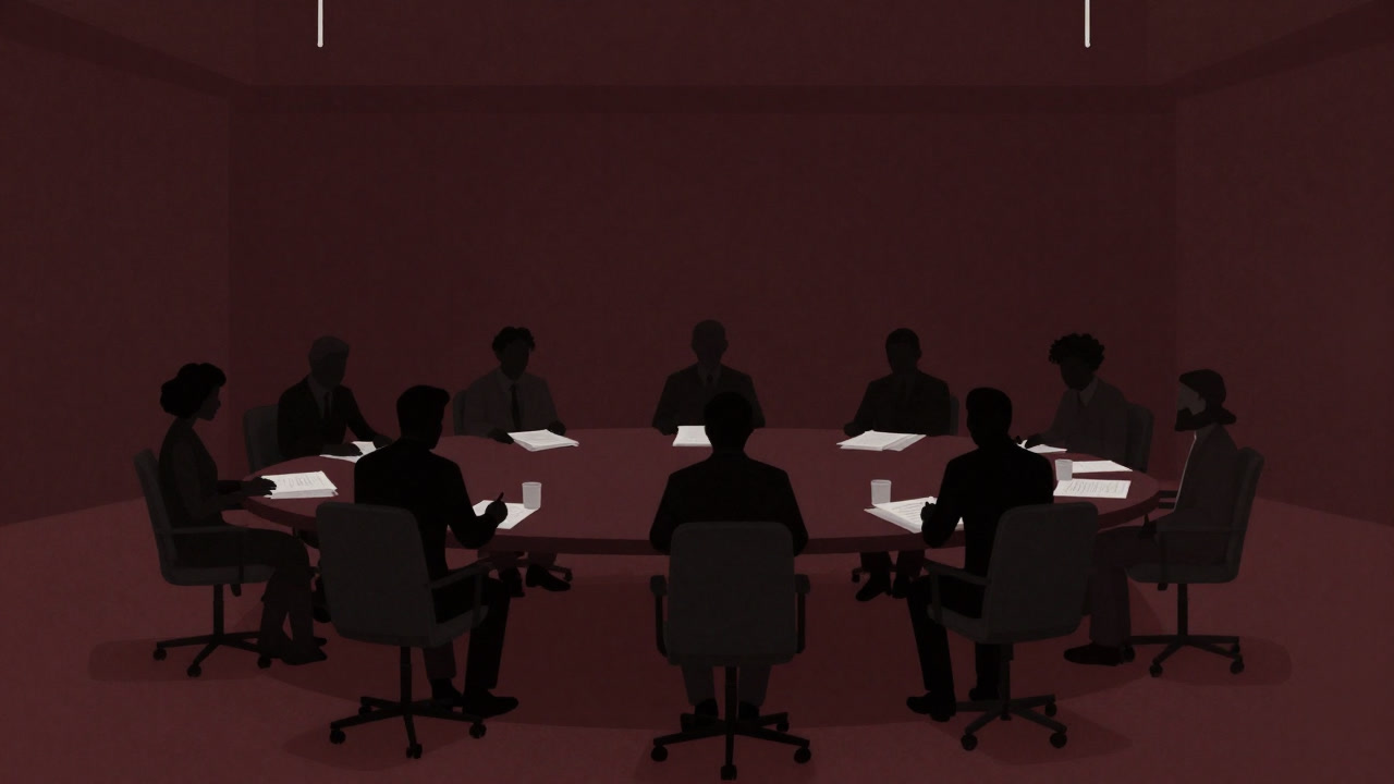 長いテーブルを囲み、山積みの資料を前に放心した表情で腕組みをする委員たちのシルエット