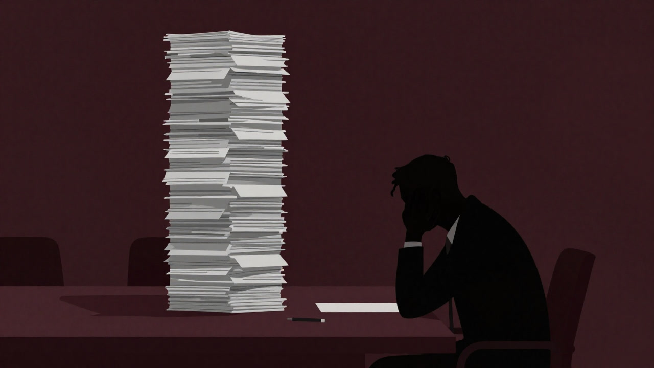会議室のテーブルに山積みされたリスク管理資料とため息をつく人物のシルエット画像