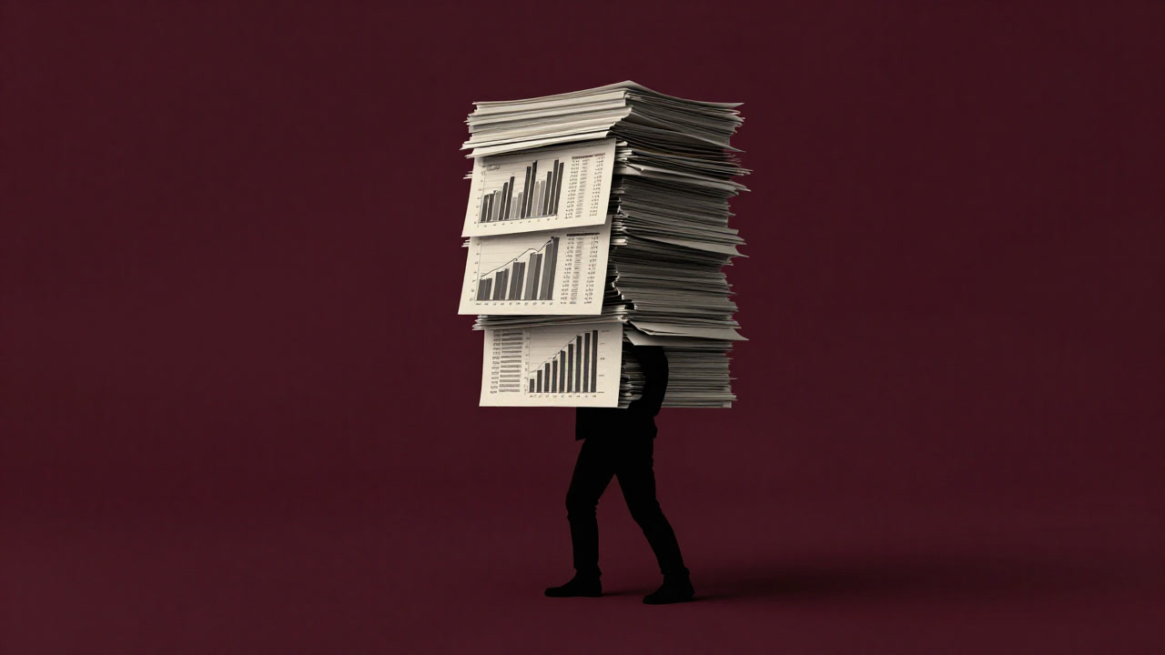 Silhouette of an investor bearing a mountain of numbers in a tragic pose