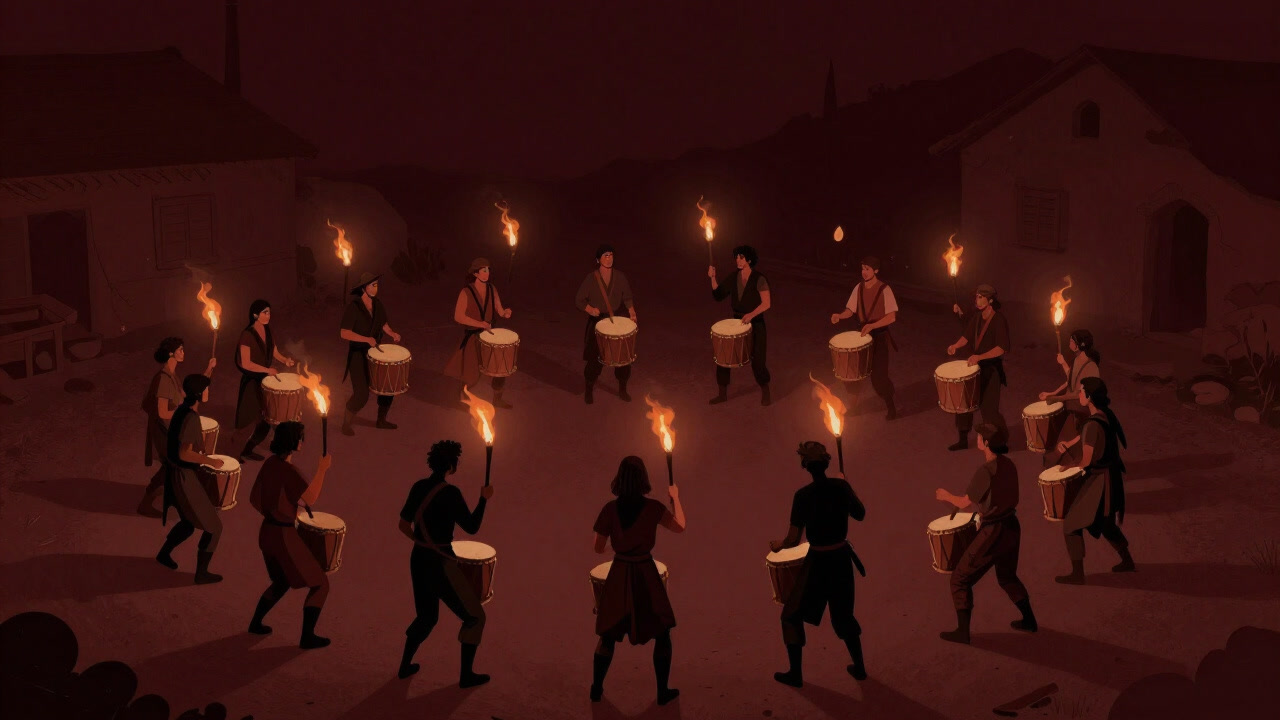 村の広場で住民が太鼓を叩きながらグルグル回る光景