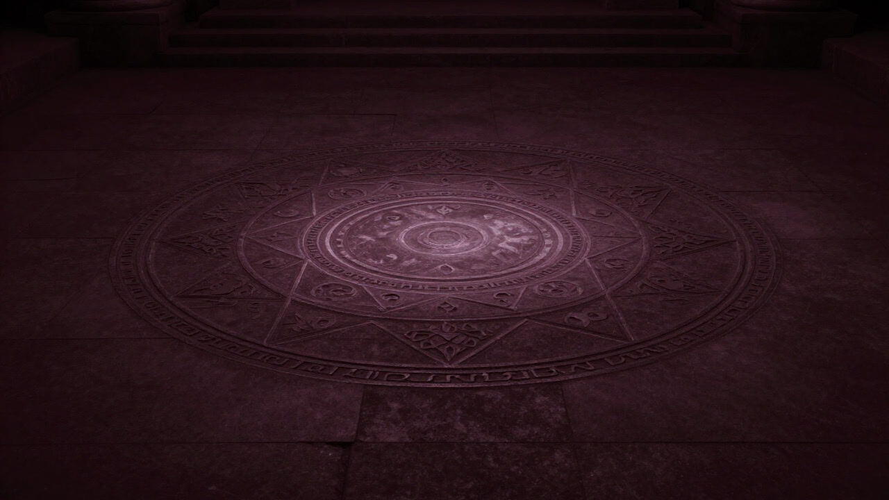 A circular magic circle carved in a stone courtyard under moonlight, faintly glowing in the darkness