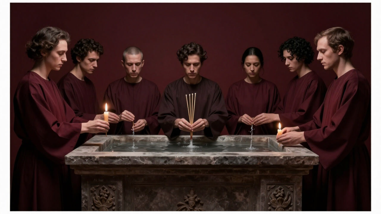 祭壇の前で聖水と香を使い、真剣な顔で清浄を行う参加者たちの写真