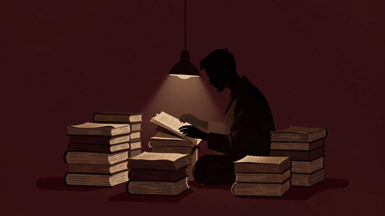 儀式書を山積みにし、手順を確認する研究者の影絵