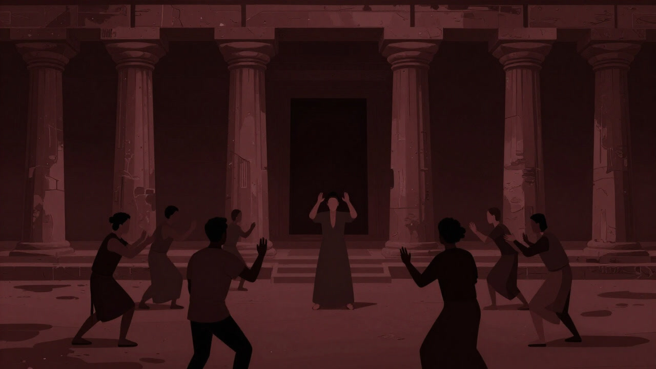 古びた神殿の柱の間で、参加者たちが奇妙な所作を繰り返す様子