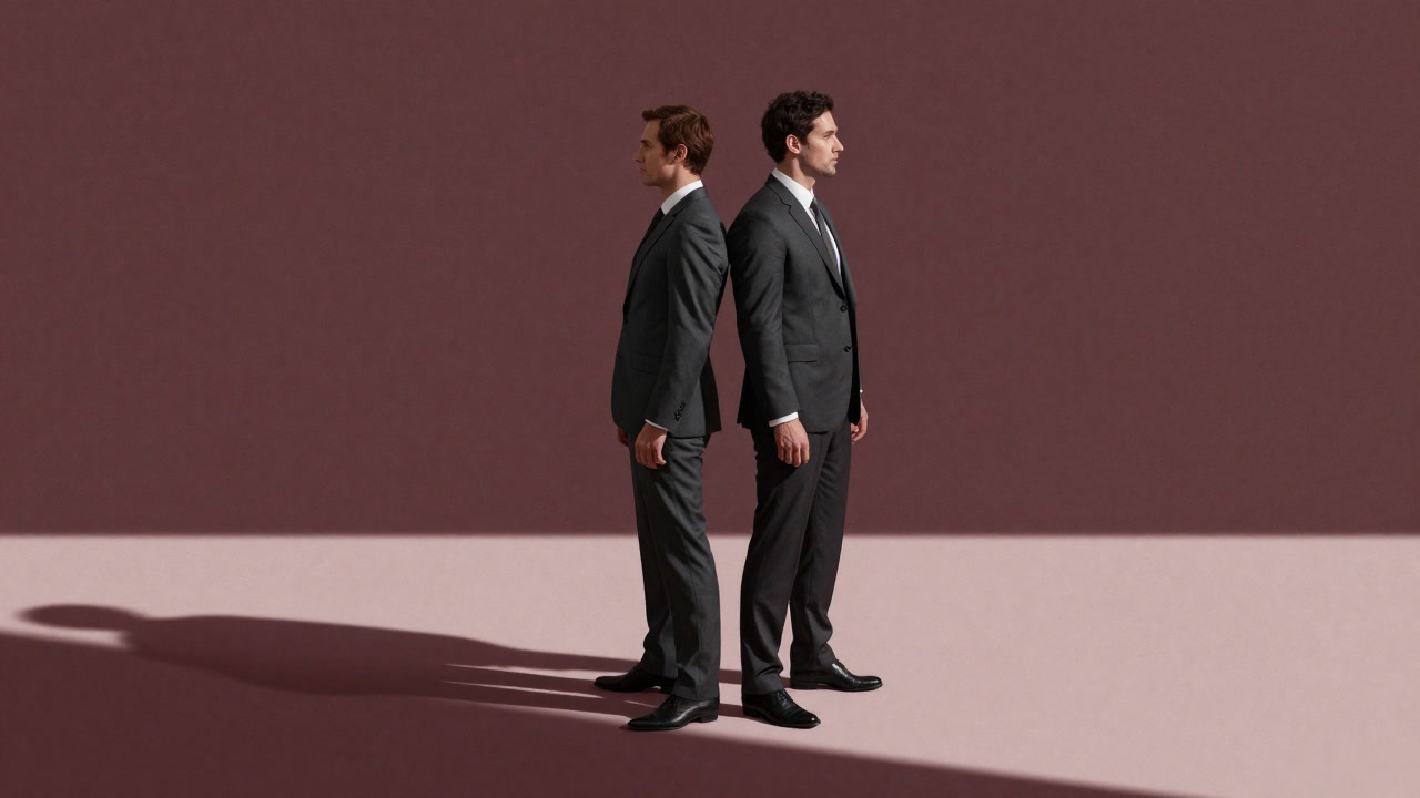 睨み合う二人が背中合わせで切磋琢磨するように立つシルエット