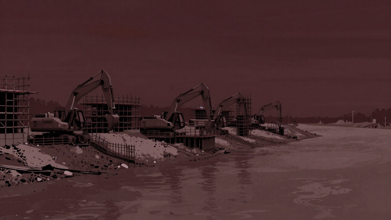 工事用足場と泥に埋もれた川岸で、重機が見た目だけを飾るかのように並ぶ風景