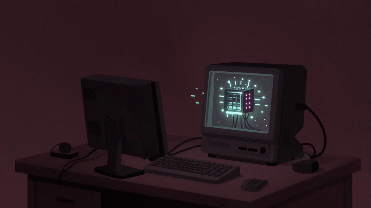 In a dim lab corner, an aged console tethered to an RNN model emits faint blinking lights and beeps ambiguously.