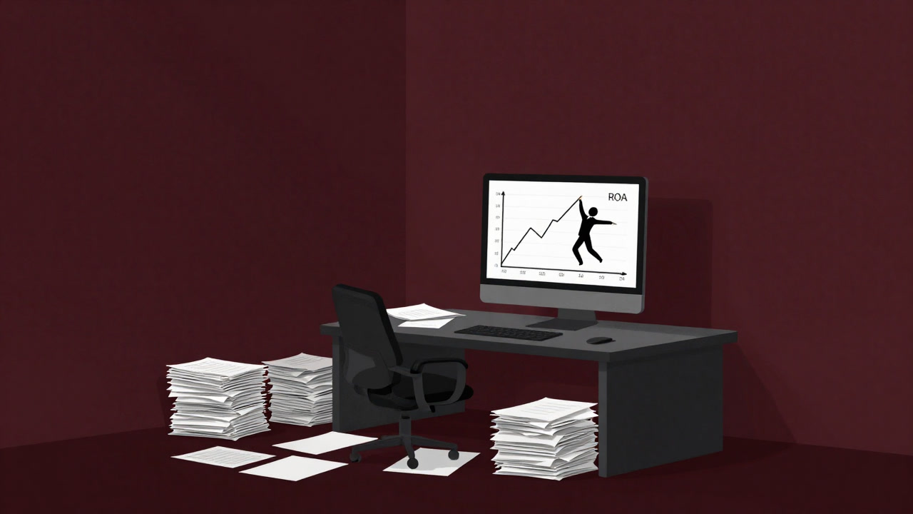 資料と計算式に埋もれたオフィス机の片隅で、哀愁漂うROAの数字が踊るグラフの画像