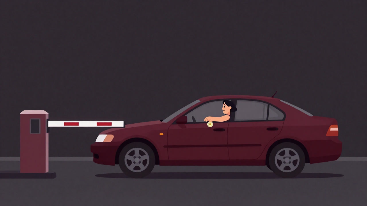 料金所のバーに迷い込んだ車がお金を差し出しながら困惑しているイラスト