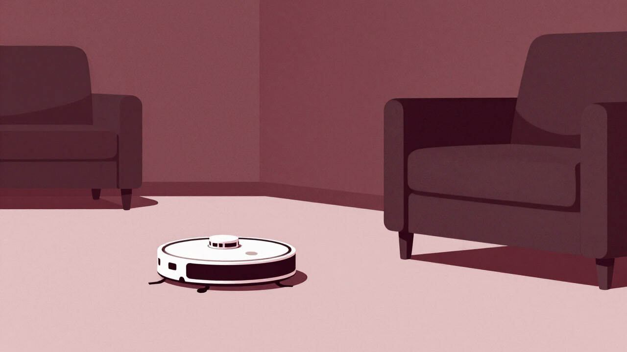 Illustration of a small robot vacuum slowly exploring a room and bumping into furniture