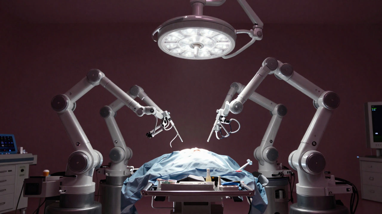 手術台の上で無数の関節アームが宙を舞い、冷たい光の中で患者を囲むロボット手術の様子
