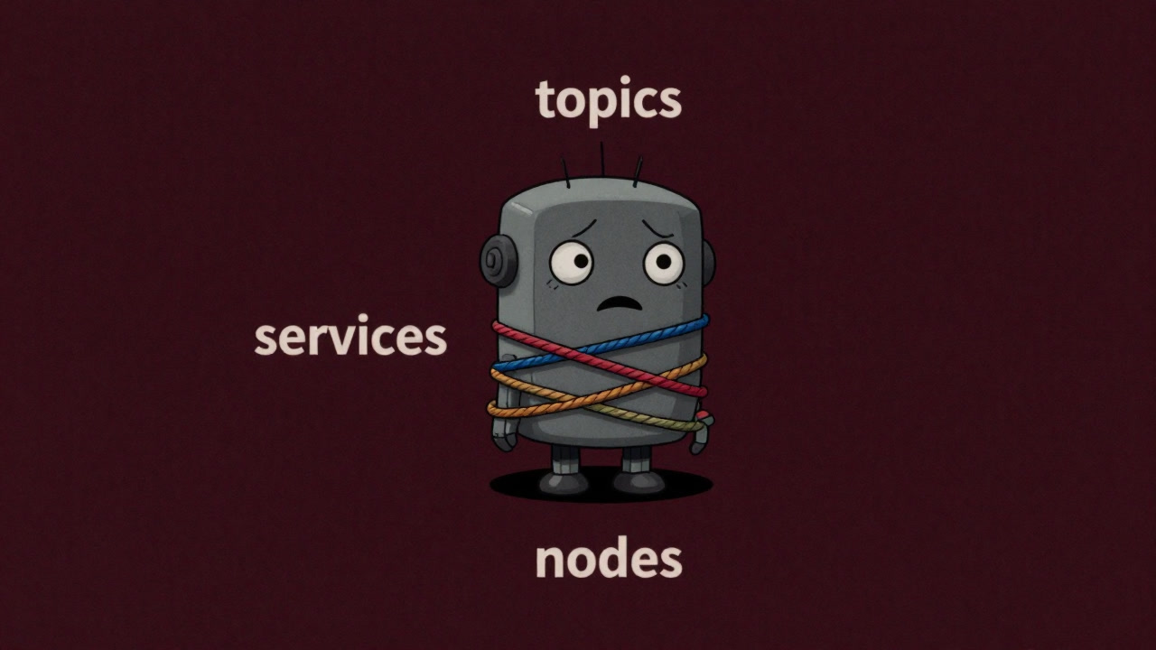 Illustration of a small anthropomorphic robot overwhelmed by tangled topic and service labels