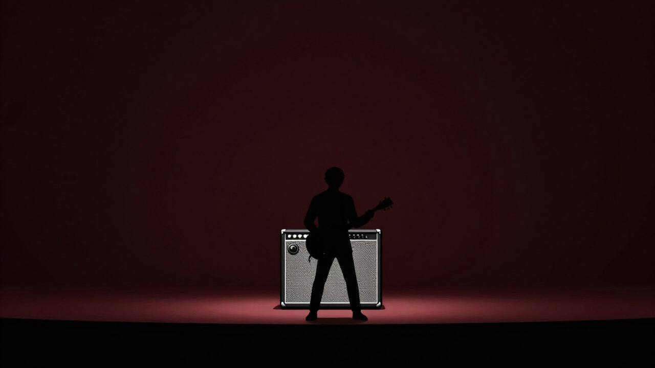 ステージに立つギタリストのシルエットがアンプの前で叫ぶように佇むイラスト