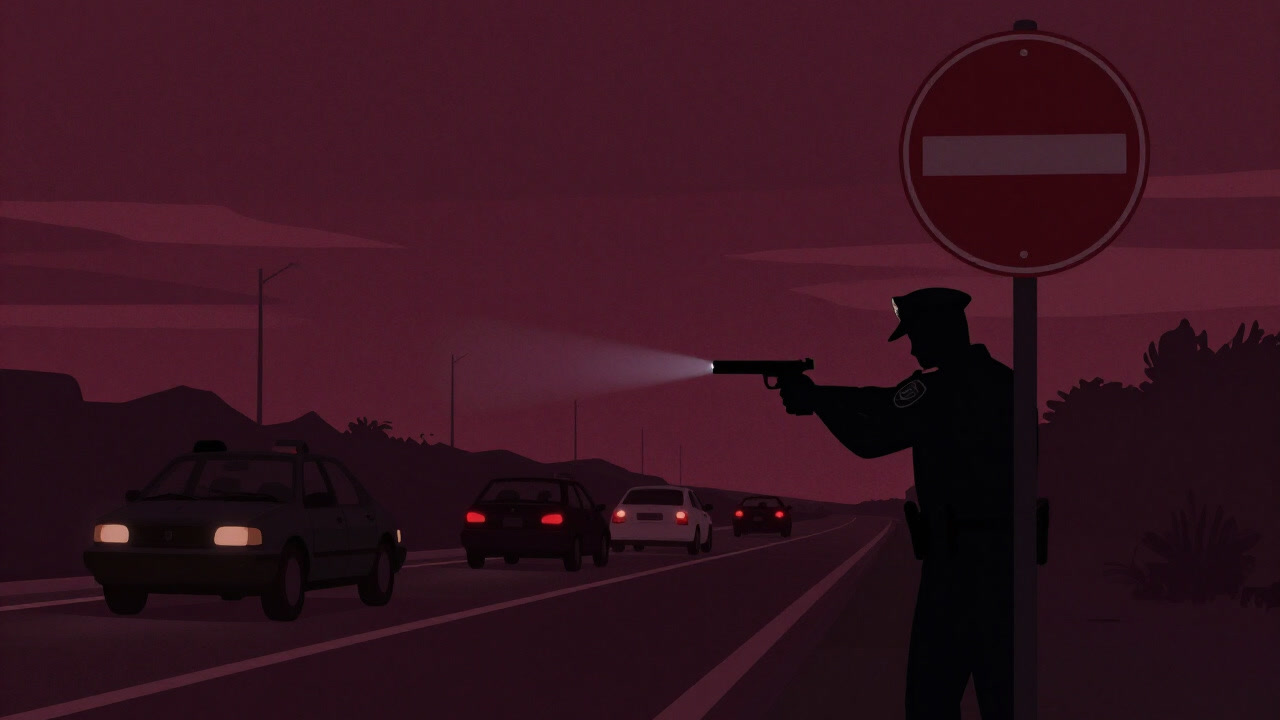 道路脇の標識の陰からレーダーを操作し、ネズミ捕りを仕掛ける警官のシルエット