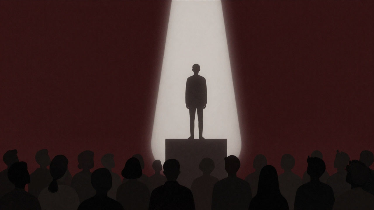 Illustration of a silhouetted person on stage bathed in dazzling spotlight