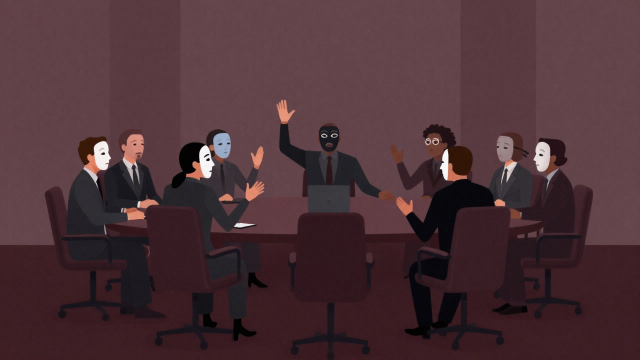 お面をつけた人々が会議室で演技をしているイラスト